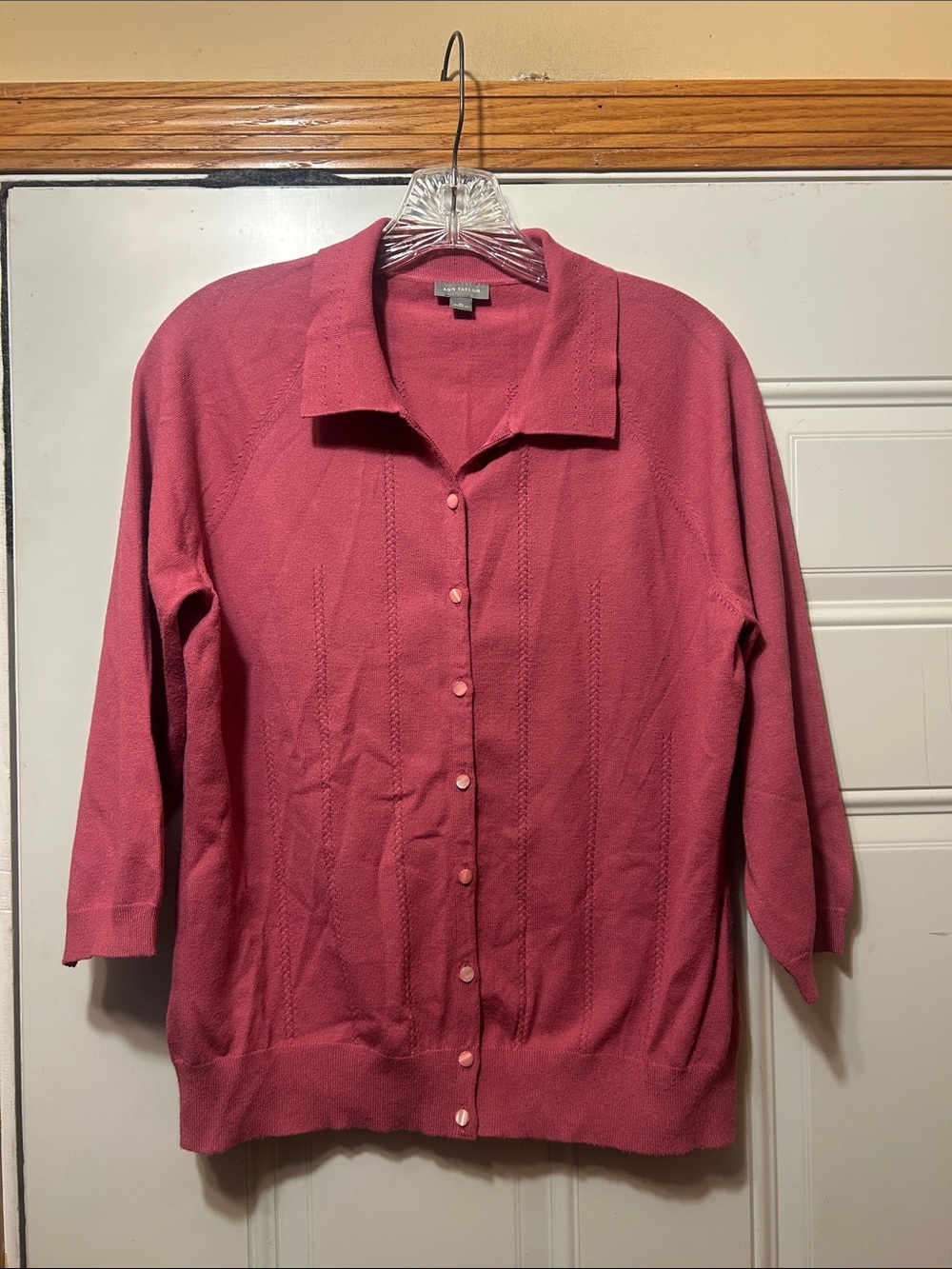 Ann Taylor Rose Pink Collared Button-Up Knit Lightweight Sweater XL‎